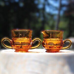 Vintage Amber Glass Sugar Bowl Creamer Set Gold Colony Color Crown Retro Glass
